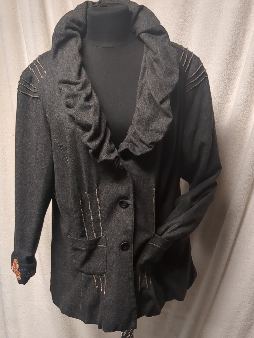 Black Ruffle-Collar Pea Coat with Stitch Detail - Brand Unknown